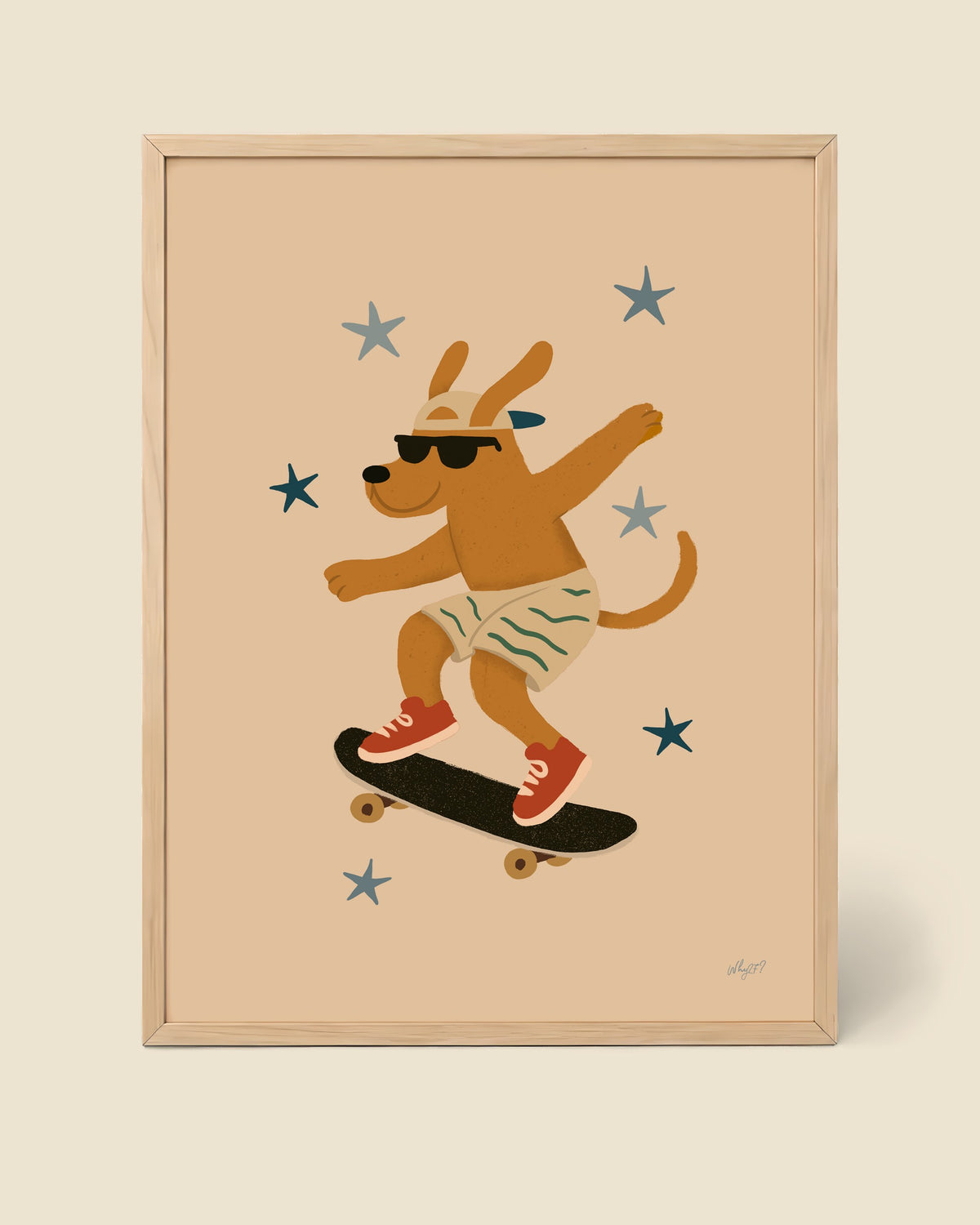 Skater Dog Poster framed in a natural wood frame
