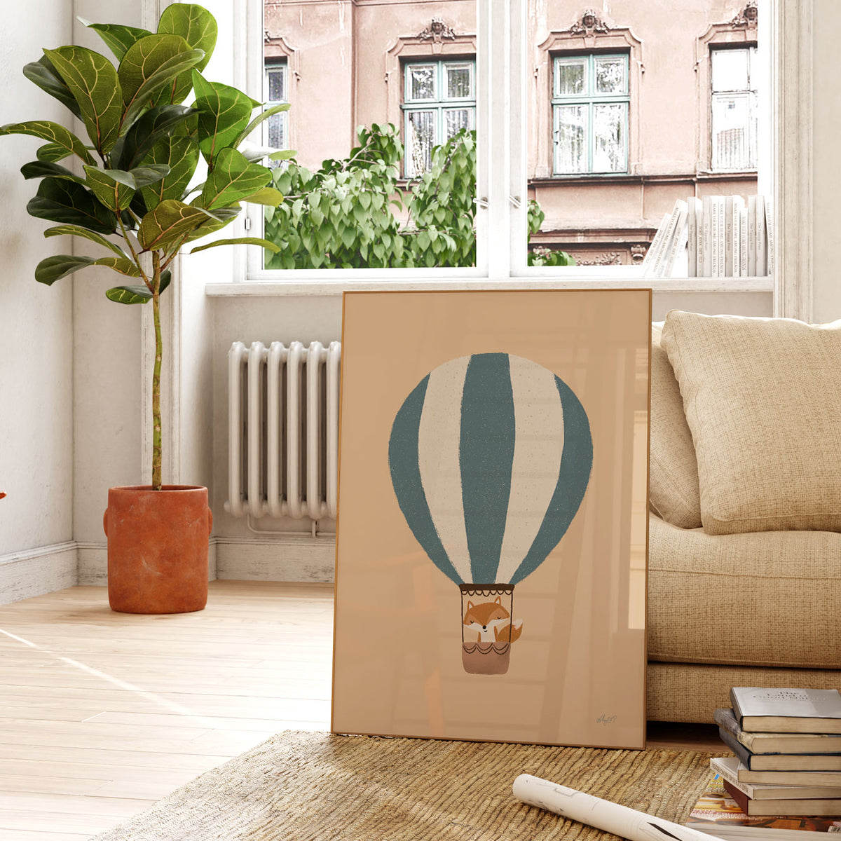 Fox hot air balloon wall art for a nursery or kids bedroom with a soft adventure and travel theme.