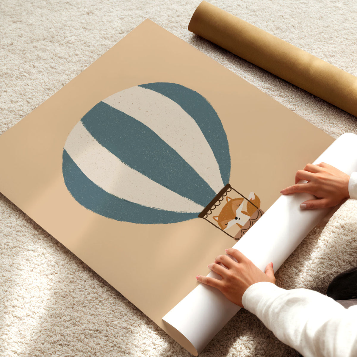 Hand-drawn fox adventure illustration featuring a large striped hot air balloon in muted blue and cream.