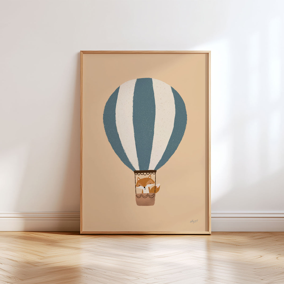 Fox hot air balloon poster featuring a small orange fox flying against a warm beige background.