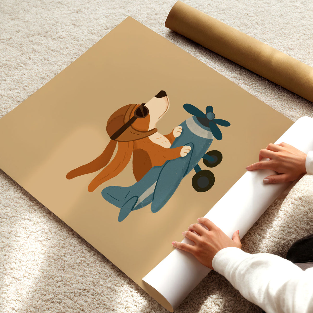 Dog pilot airplane poster for a nursery or kids bedroom with a whimsical aviation adventure theme.
