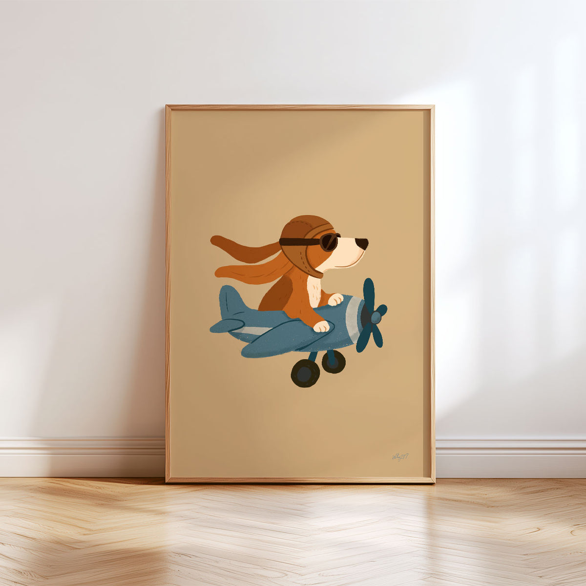 Playful aviation illustration featuring a dog pilot in goggles flying a little blue plane.