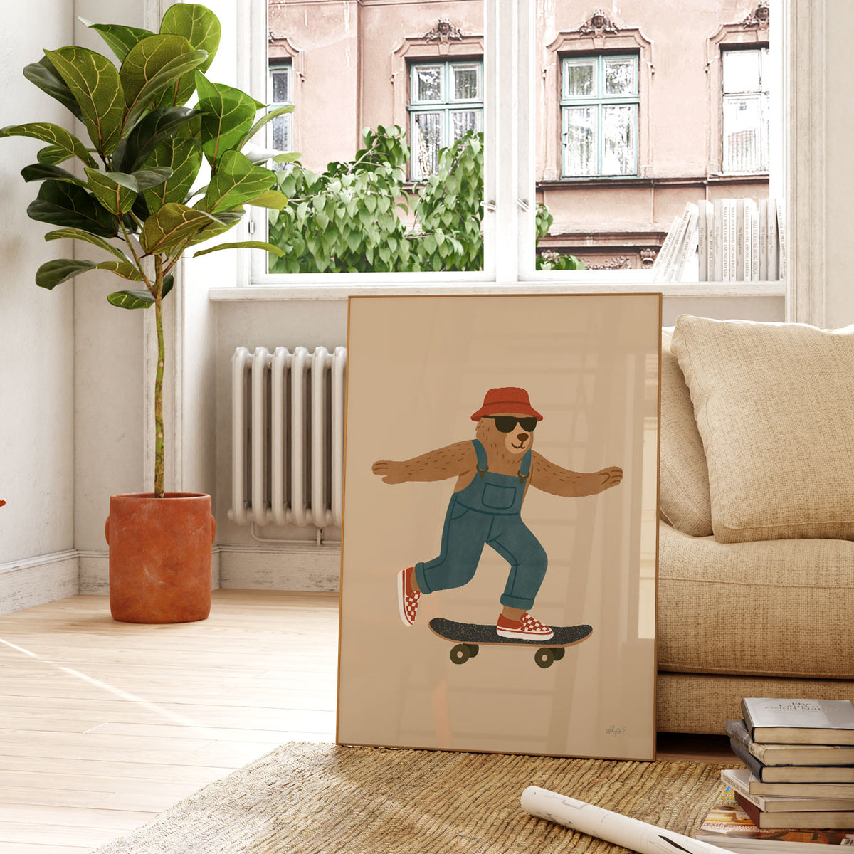 Skateboarding bear wall art for a kids bedroom or playroom featuring a cool hand-drawn animal character.