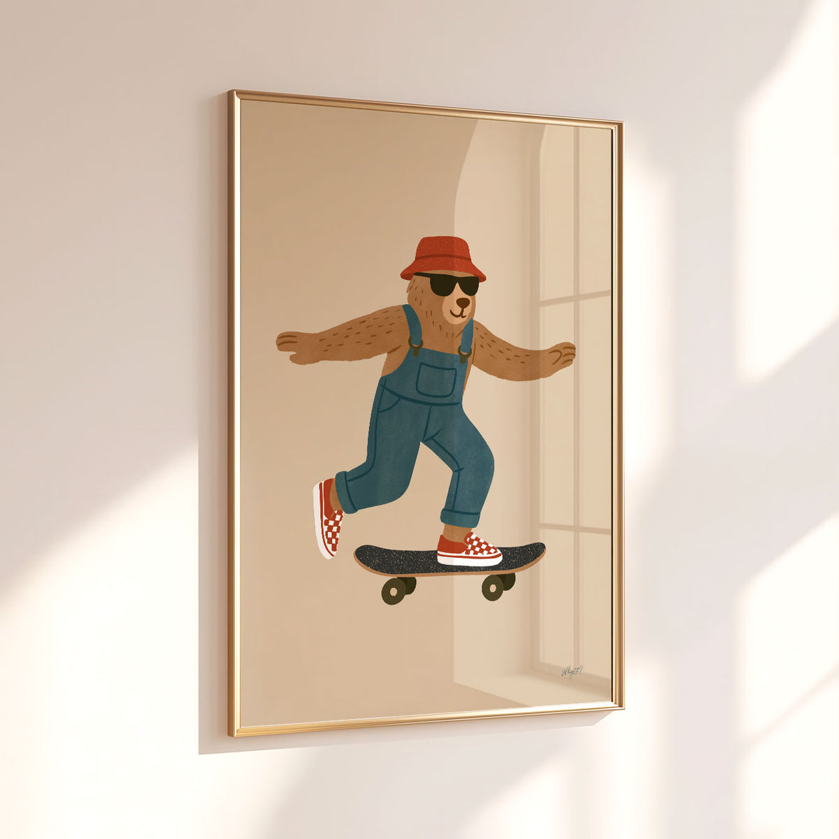 Kids skate wall art with a brown bear wearing denim overalls and sunglasses while riding a skateboard.