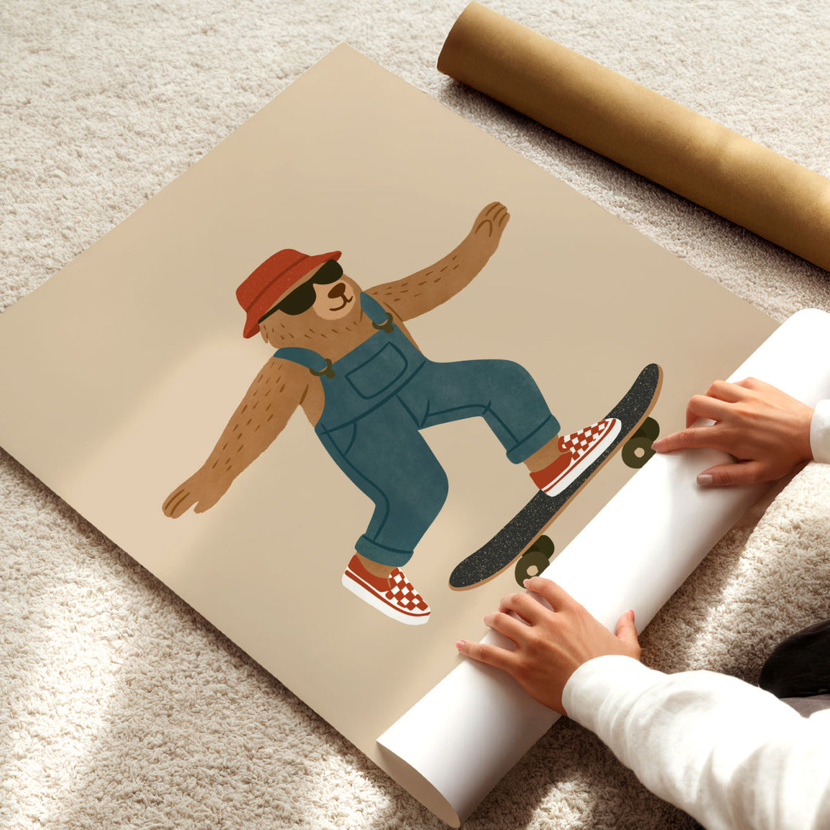 Hand-drawn skater bear balancing with arms out while wearing a red cap and checked sneakers.