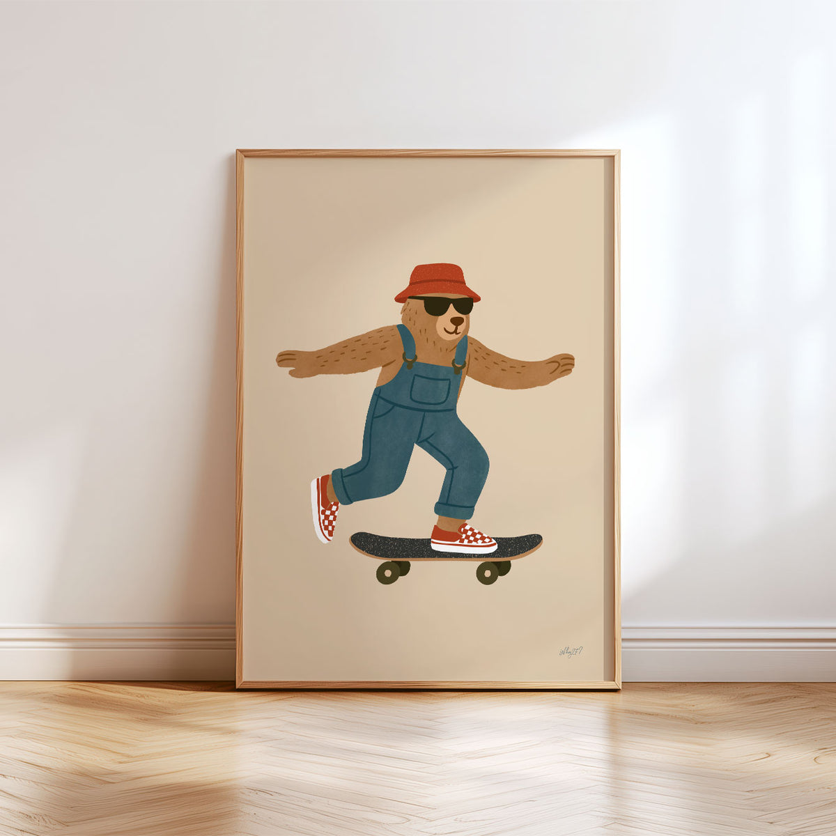 Skateboard bear poster featuring a cool bear balancing on a black skateboard against a warm beige background.