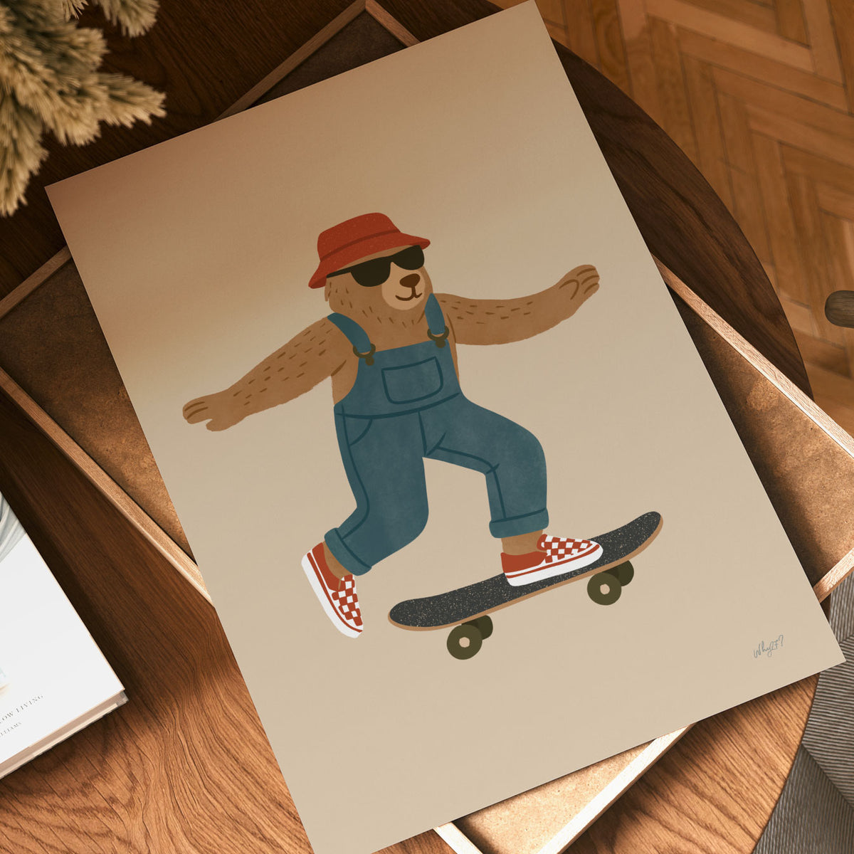 Playful bear skateboard illustration with denim overalls, sunglasses and retro red accessories.