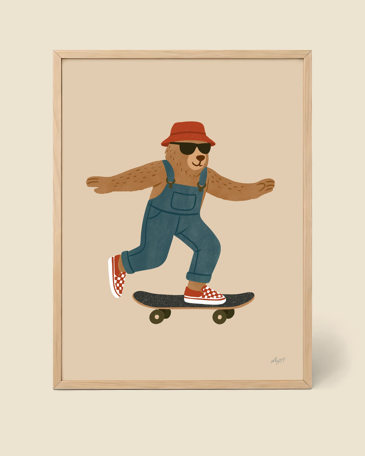Skateboard Bear Poster framed in a natural wood frame