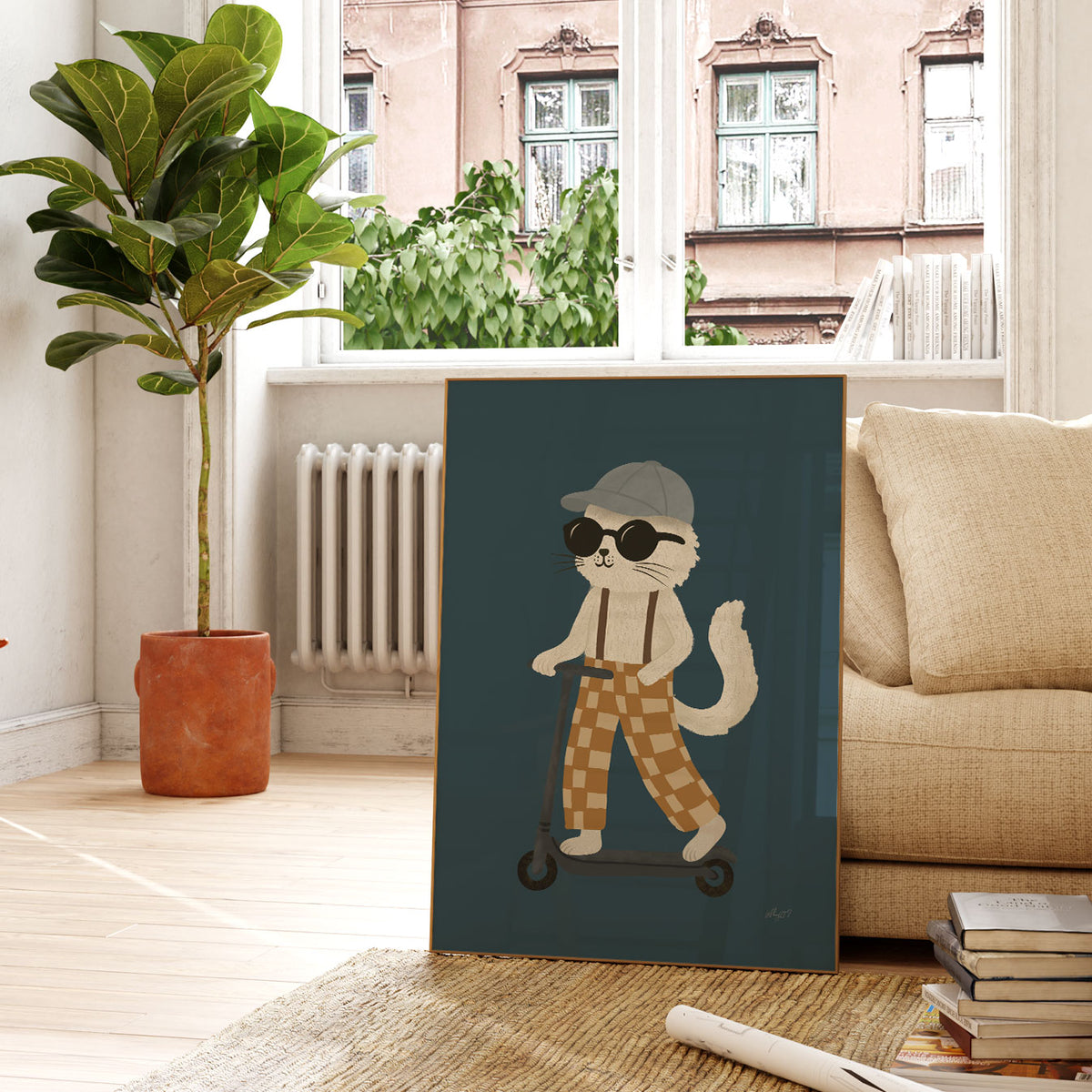 Scooter cat kids wall art featuring a stylish white cat in suspenders and brown checkerboard trousers.
