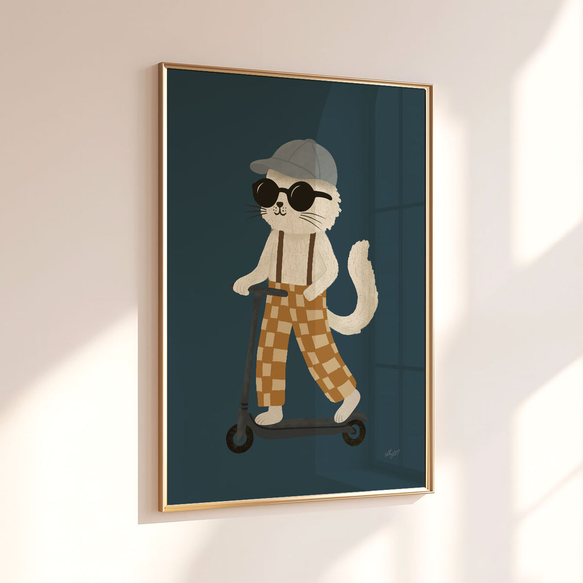 Playful kids scooter wall art with a cool white cat cruising on a black scooter against a muted blue background.