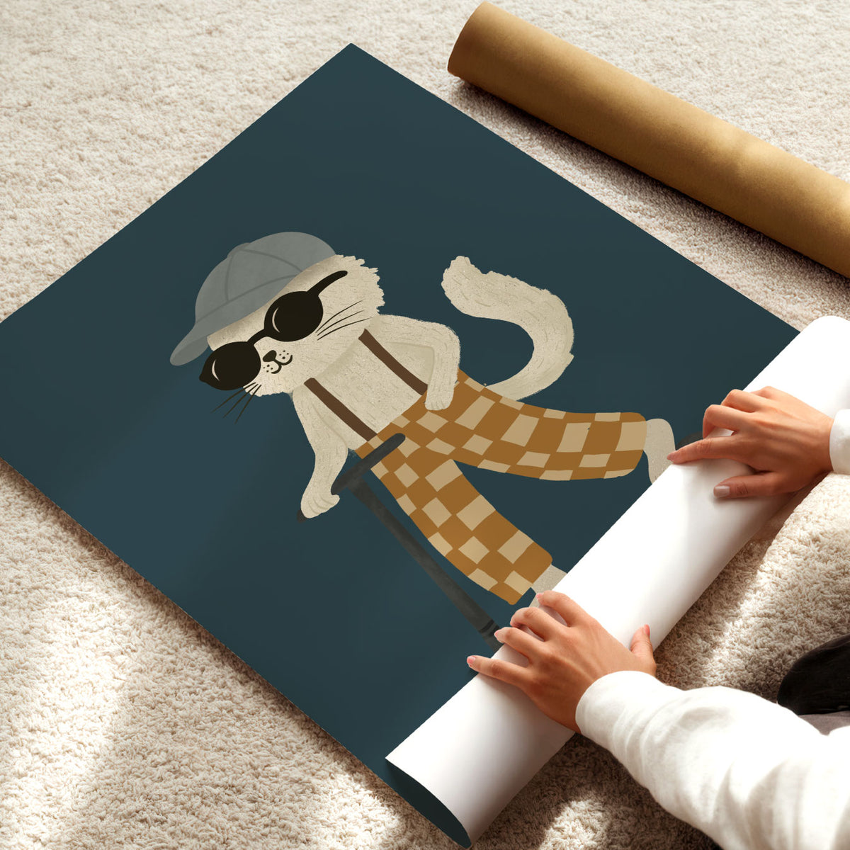 Cool cat on a kick scooter in a retro blue and brown colour palette for a kids bedroom or playroom.