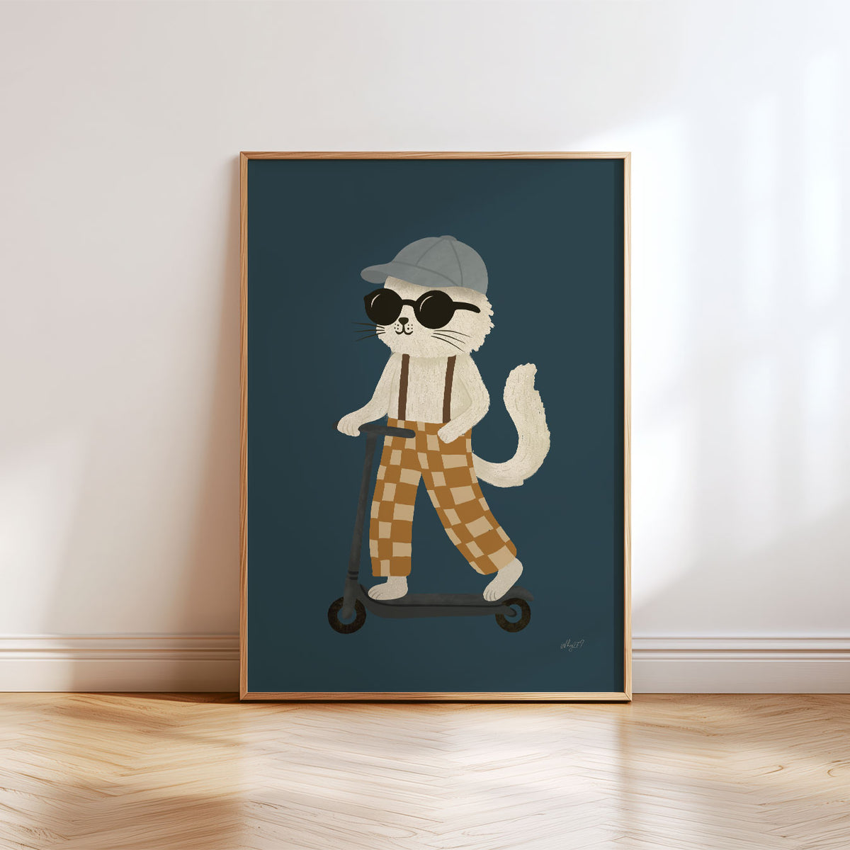 Retro cat illustration riding a kick scooter while wearing sunglasses, a flat cap and checked trousers.