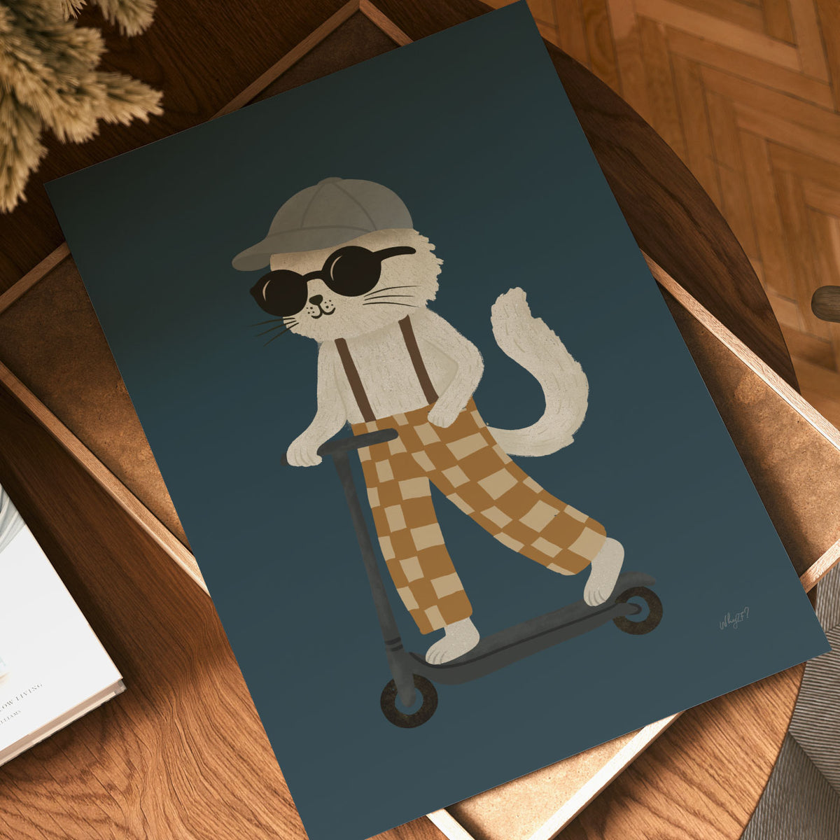 Hand-drawn scooter-riding cat in vintage-inspired clothes with sunglasses and brown checkerboard trousers.