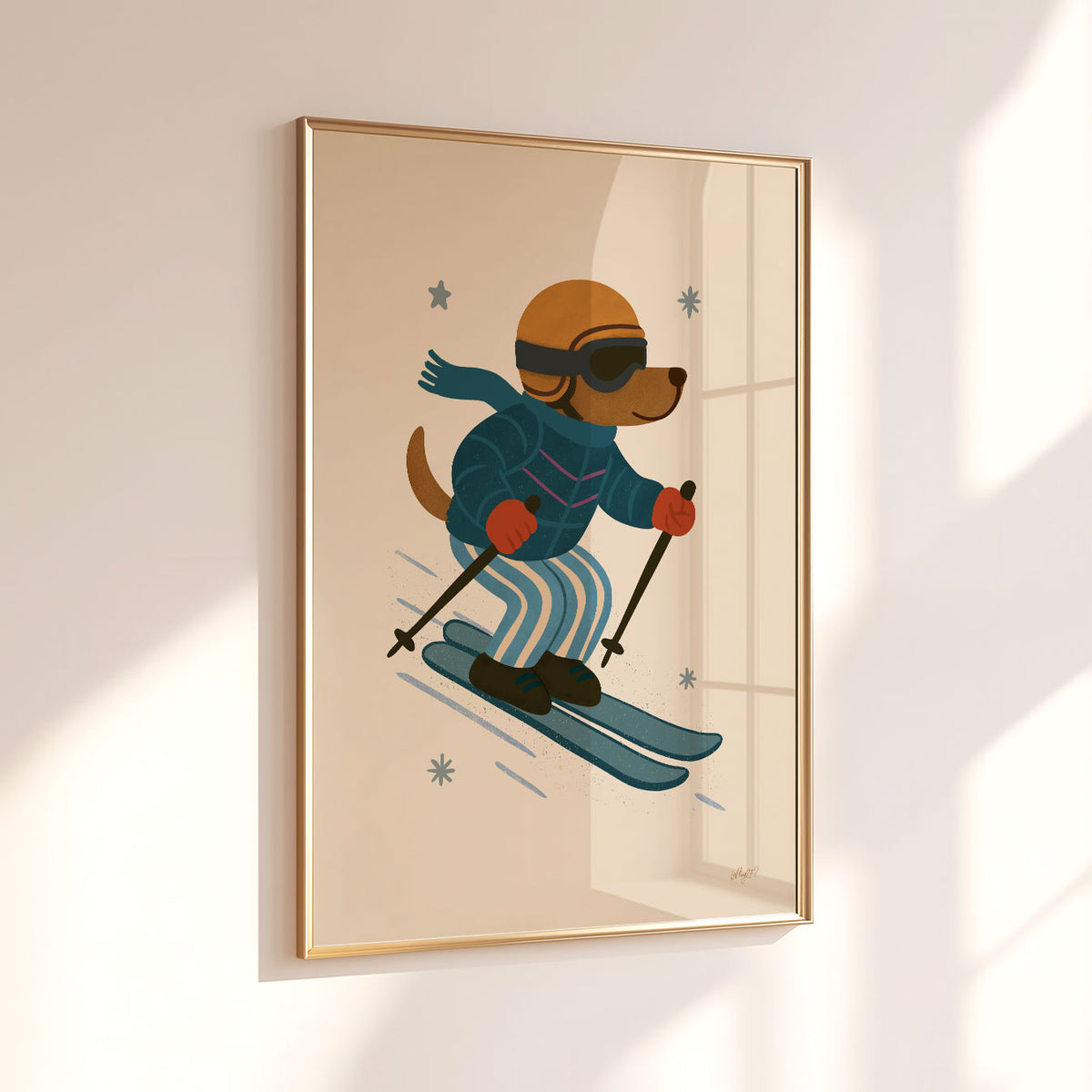 Skiing dog kids wall art featuring a brown dog wearing winter goggles and racing down the slopes.