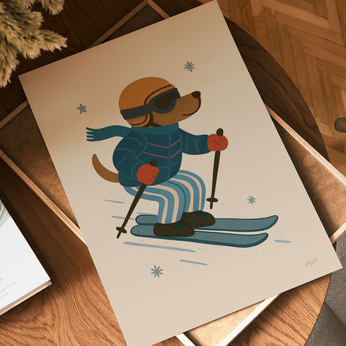 Hand-drawn ski dog wearing goggles and a flowing scarf while skiing downhill with poles.