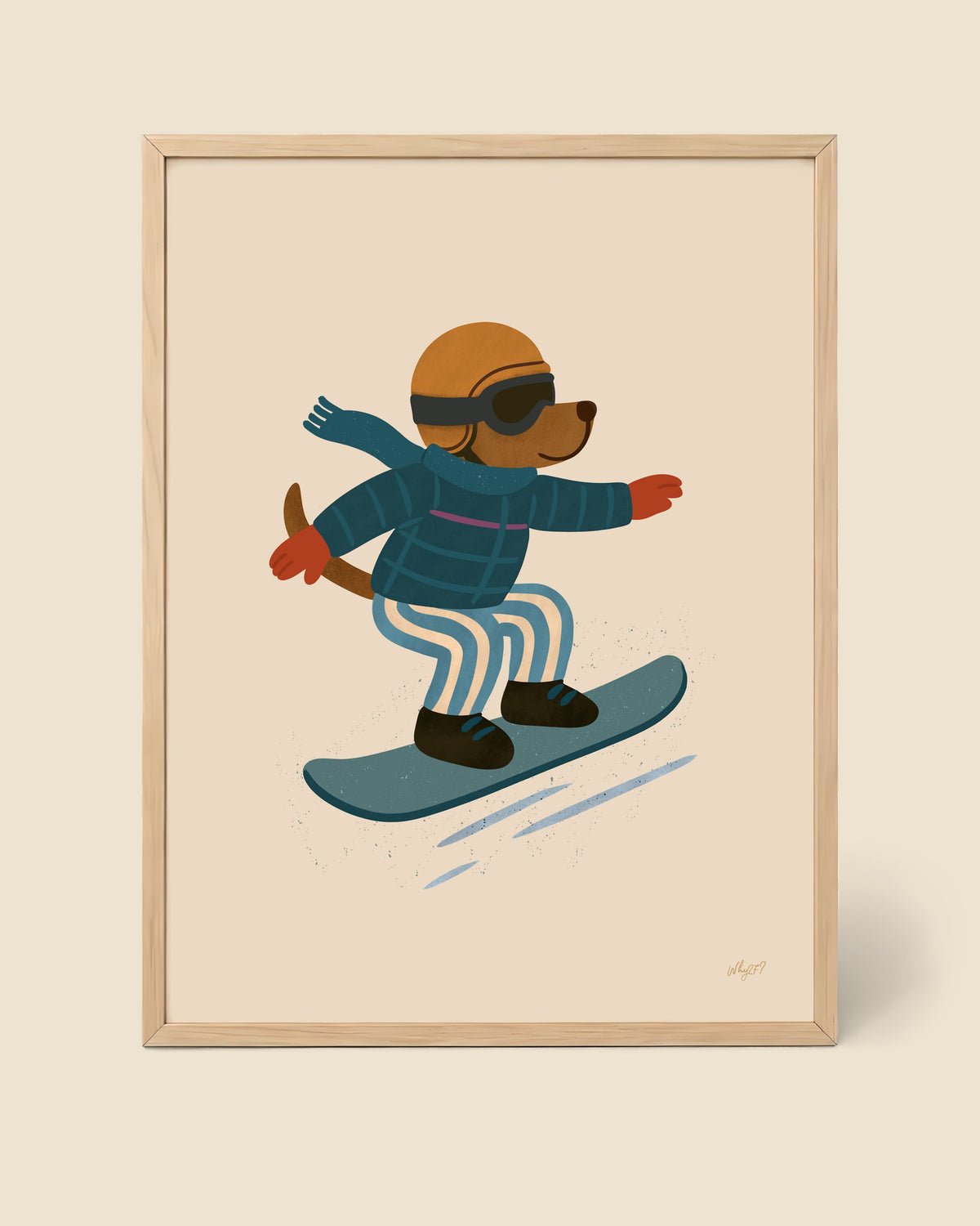 Snowboard Dog Poster framed in a natural wood frame