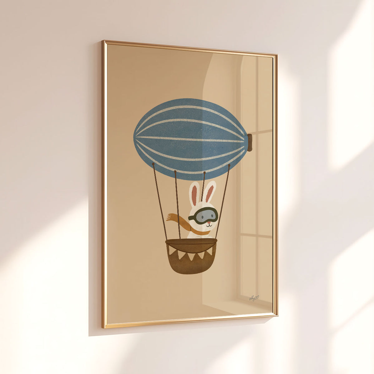 Bunny airship kids wall art featuring a rabbit pilot in a whimsical blue and brown flying machine.