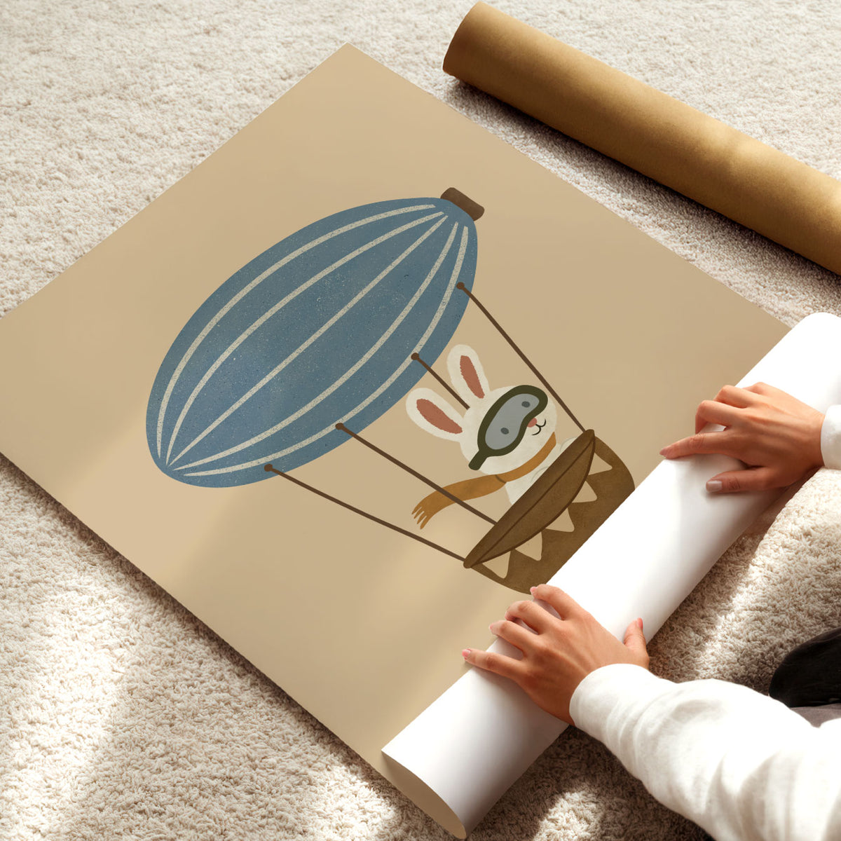 Kids aviation wall art featuring a hand-drawn bunny pilot flying through the sky in a retro airship.