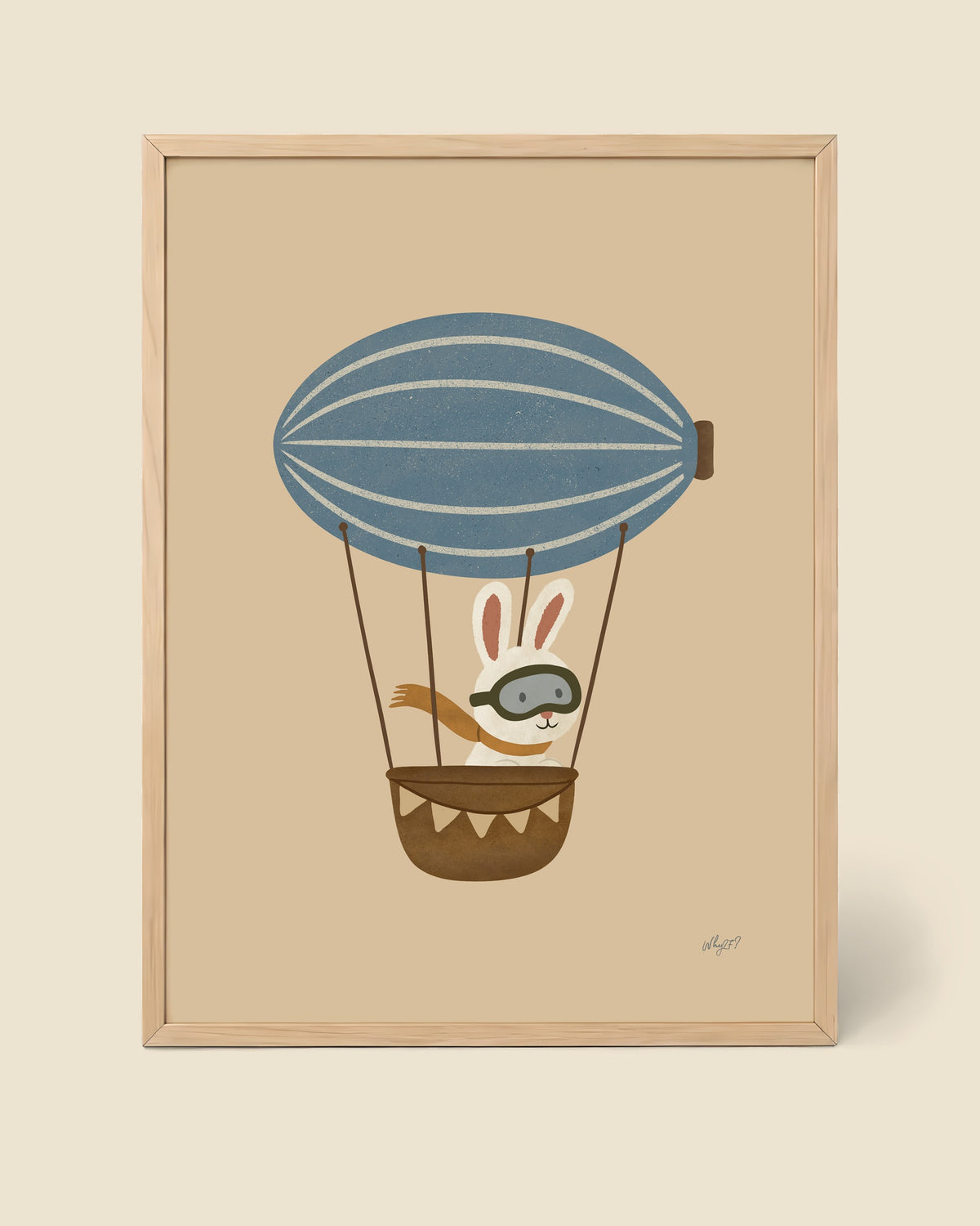 Bunny Airship Poster framed in a natural wood frame