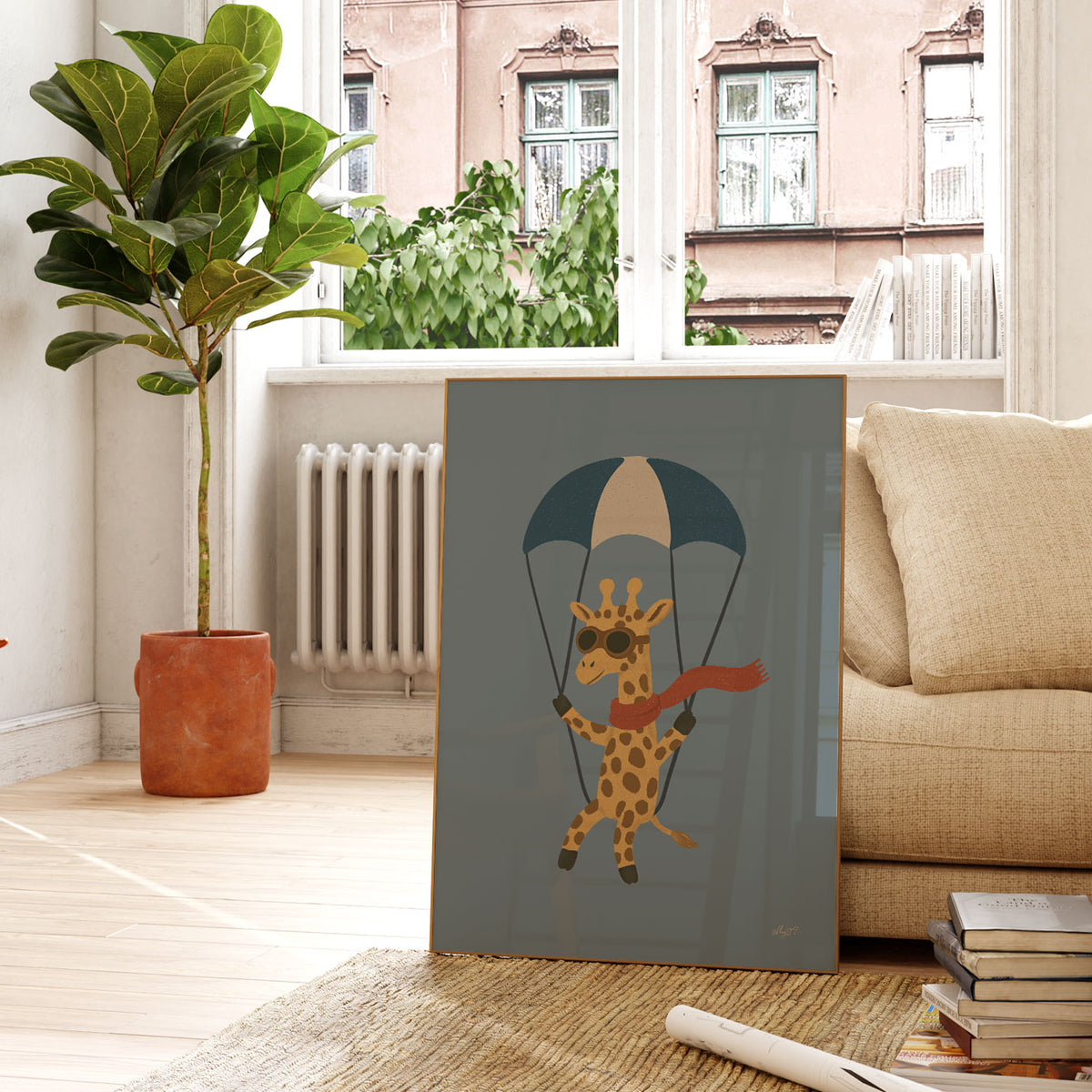 Whimsical giraffe parachuting with sunglasses and a flowing red scarf in a retro colour palette.