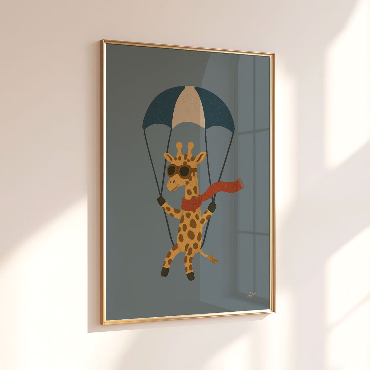 Retro parachute giraffe poster in blue, ochre and cream tones for a kids bedroom, nursery or playroom.