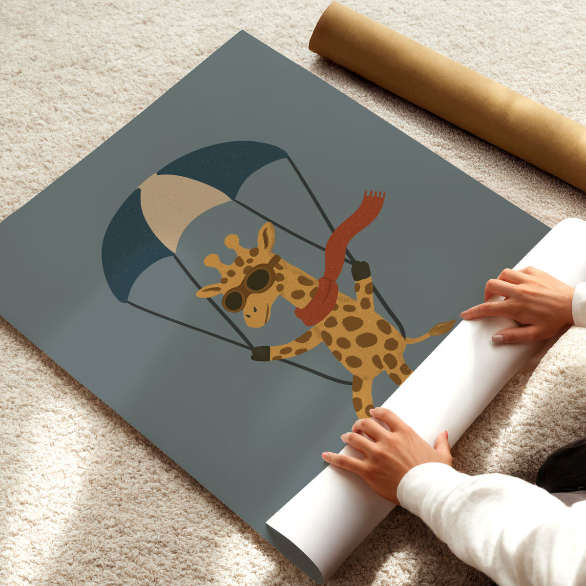 Parachute giraffe kids wall art featuring a playful giraffe flying against a muted blue-grey background.