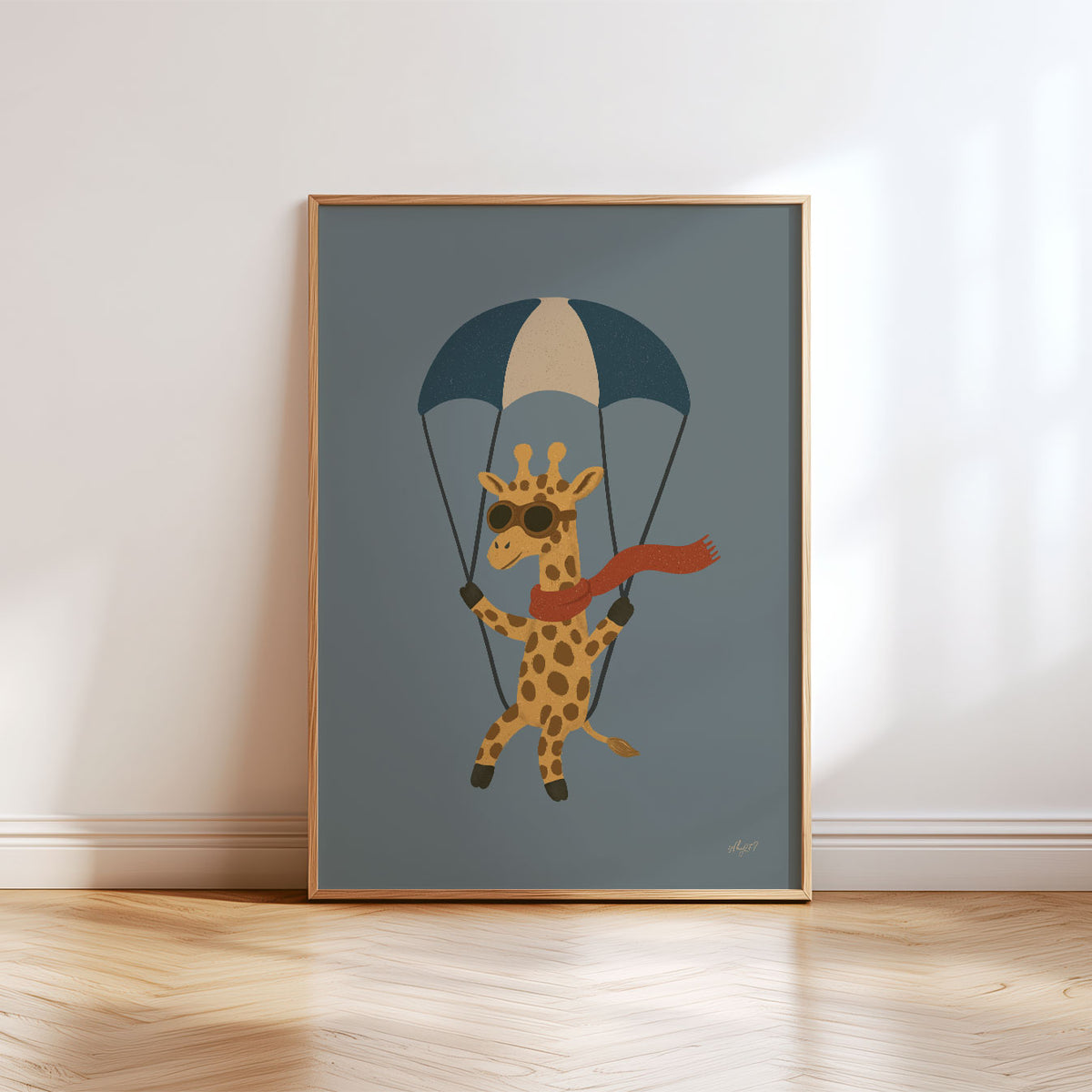 Playful flying giraffe illustration with a blue parachute, sunglasses and red scarf on a muted blue background.