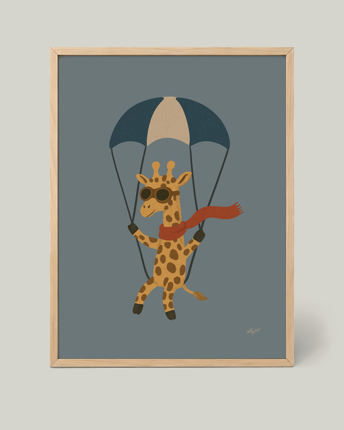 Parachute Giraffe Poster framed in a natural wood frame