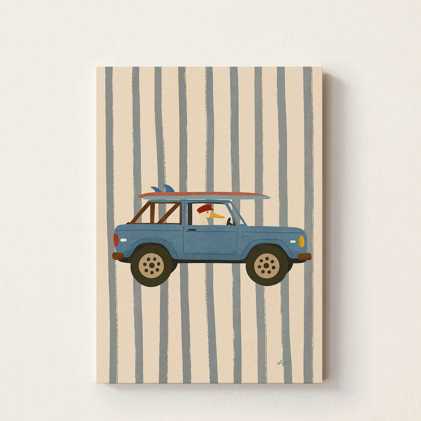 Hand-drawn vintage blue car carrying surfboards on the roof, whimsical coastal wall art for kids' bedrooms, nurseries, and playrooms.