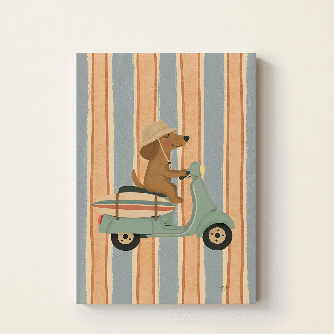Hand-drawn dachshund wearing a bucket hat while riding a vintage mint Vespa with a surfboard attached to the side, whimsical coastal wall art for nurseries, bedrooms, and playrooms.