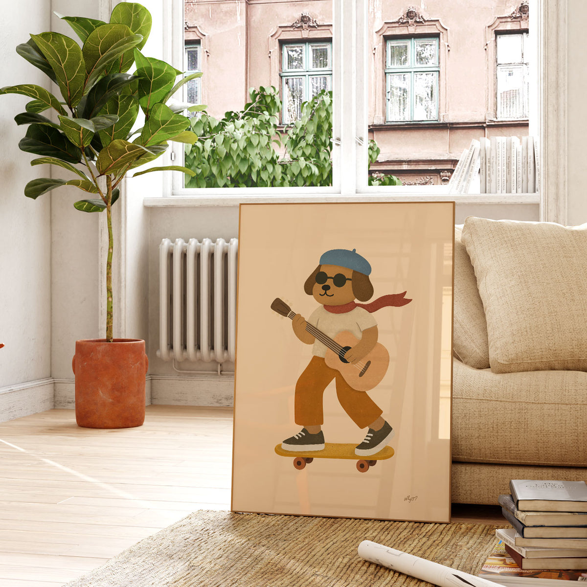 Retro kids wall art featuring a cool brown dog playing guitar while cruising on a yellow skateboard.