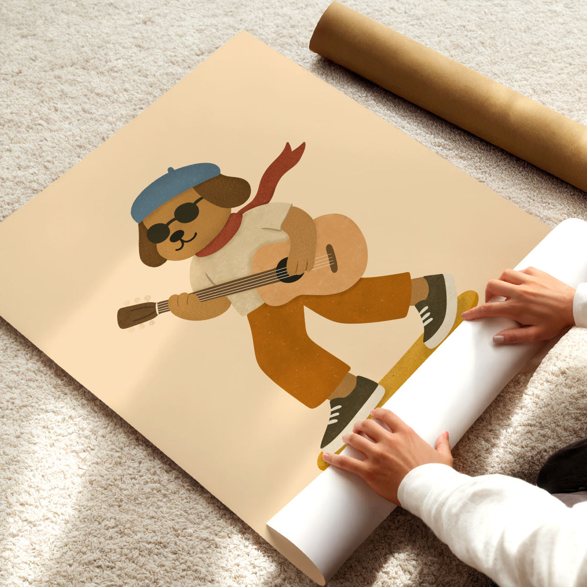 Playful dog guitarist illustration combining music and skateboarding in a warm retro-inspired colour palette.