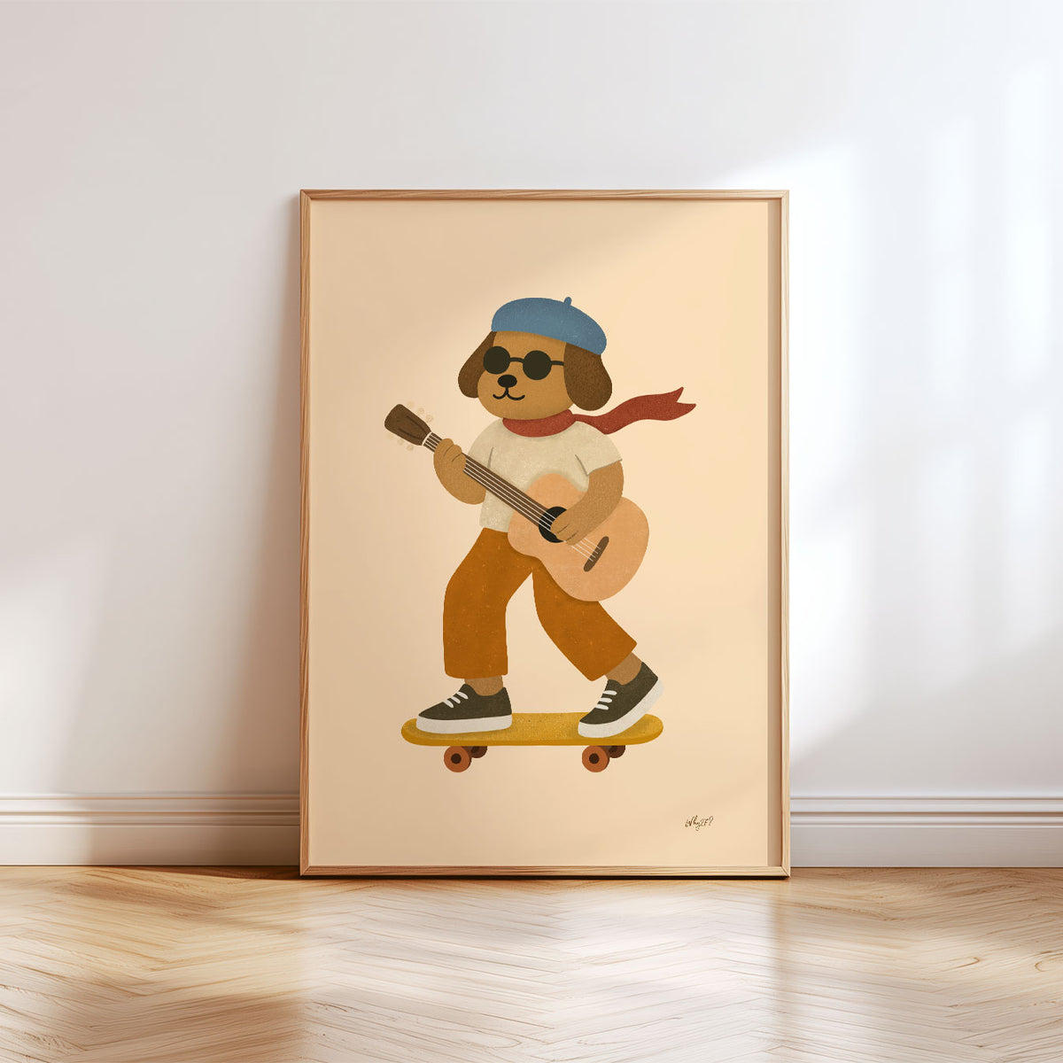 Skateboarding dog musician with guitar, sunglasses and flowing red scarf on a warm neutral background.