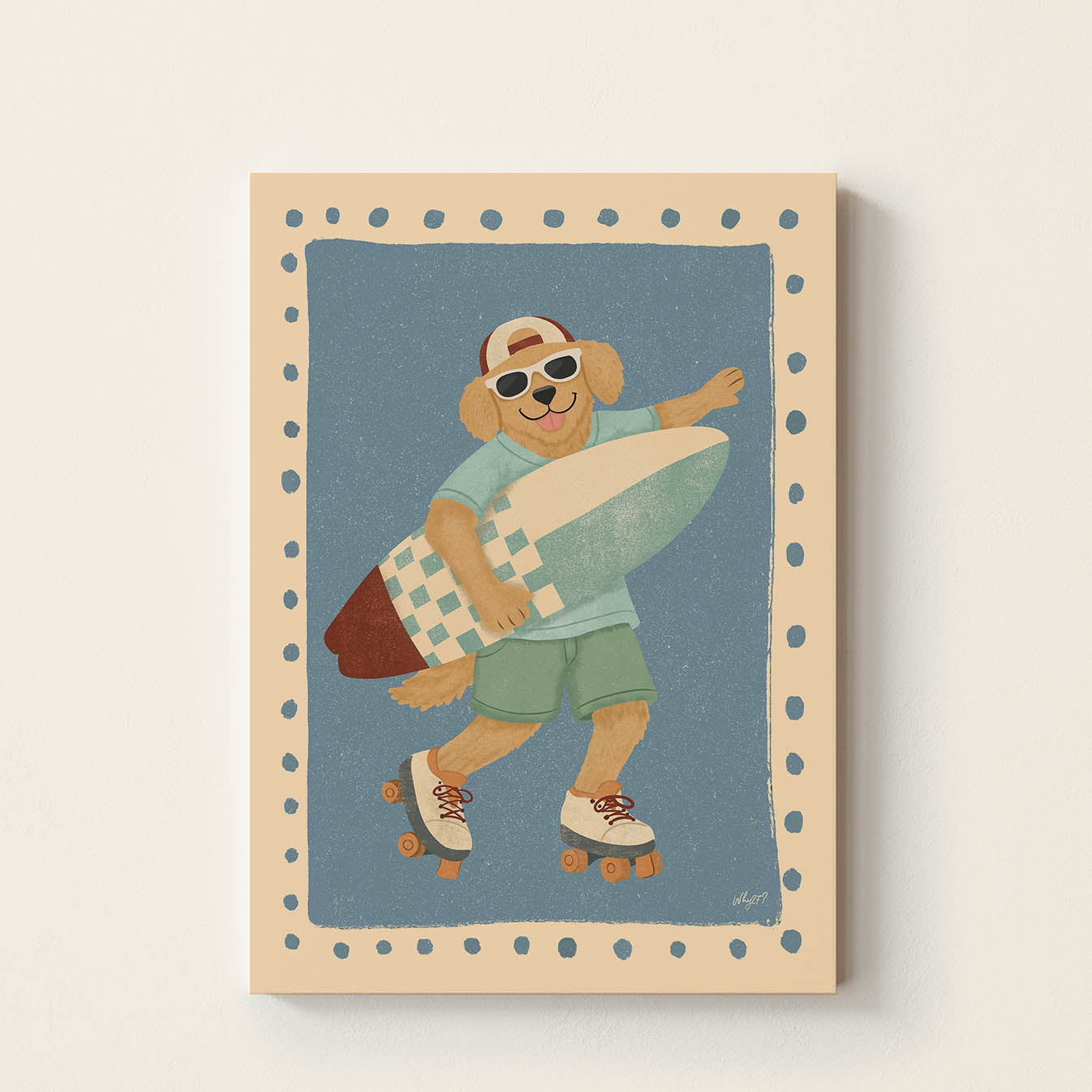 Hand-drawn dog wearing sunglasses and roller skates while carrying a surfboard, framed with a vintage border, coastal-inspired wall art for nurseries, bedrooms, and playrooms.