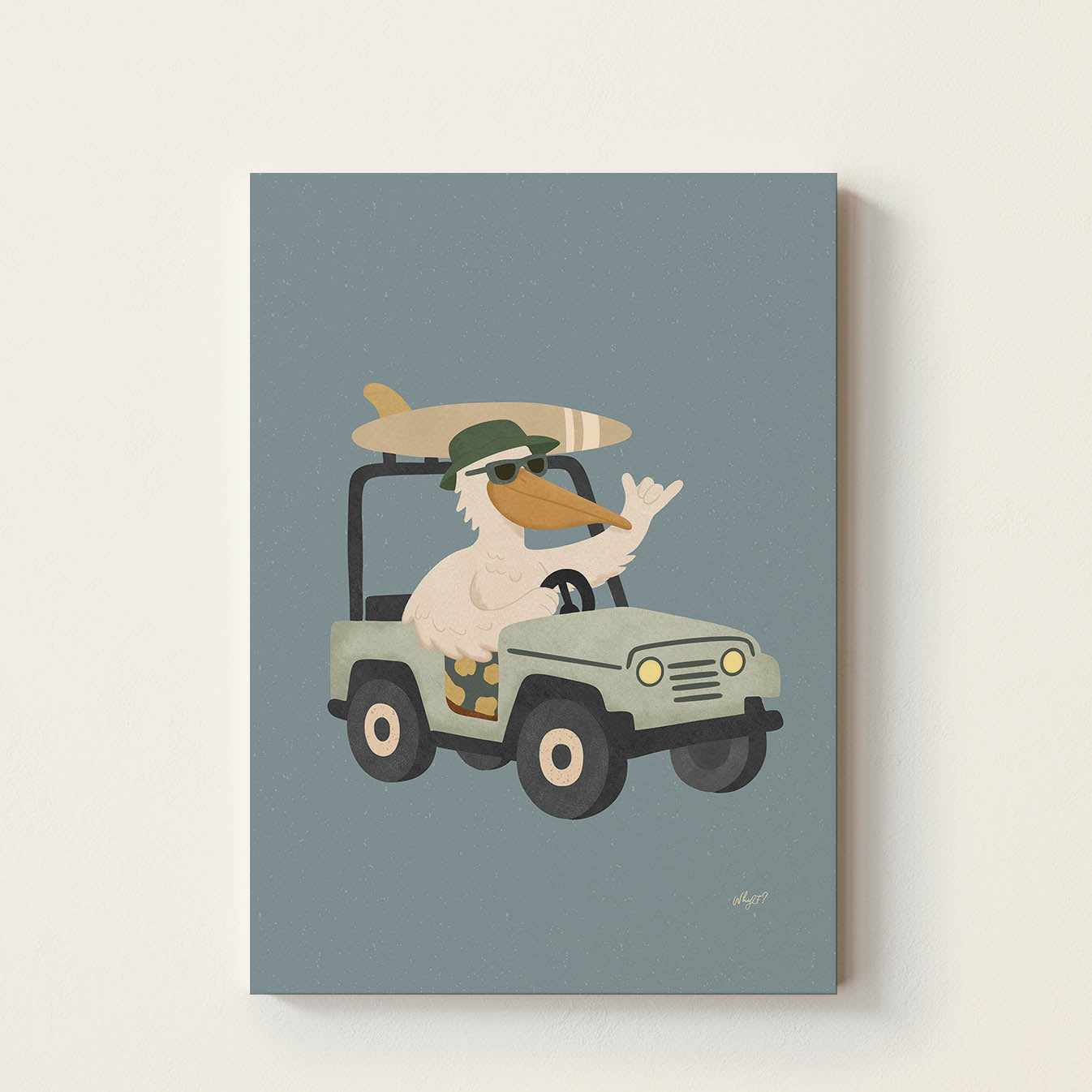 Hand-drawn pelican wearing sunglasses and a green bucket hat driving a vintage beach cruiser with a surfboard on the roof, coastal-inspired wall art for nurseries, bedrooms, and playrooms.