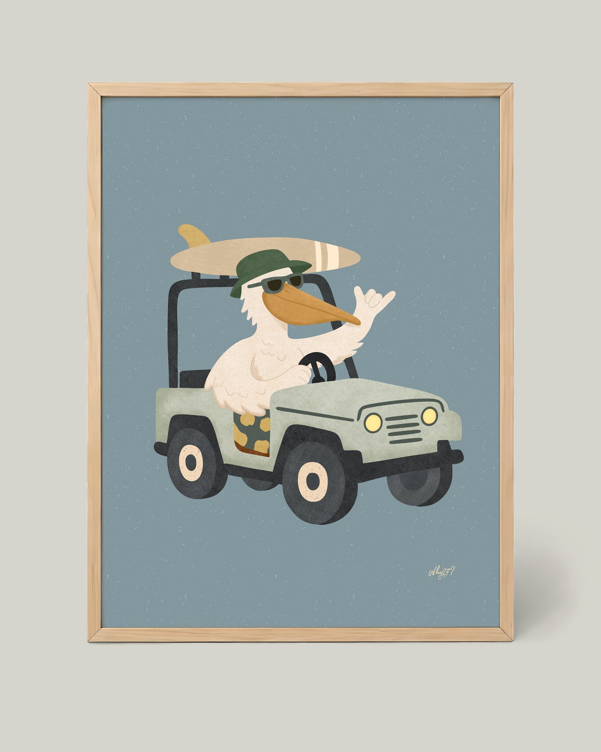 Beach Cruiser Pelican Poster framed in a natural wood frame