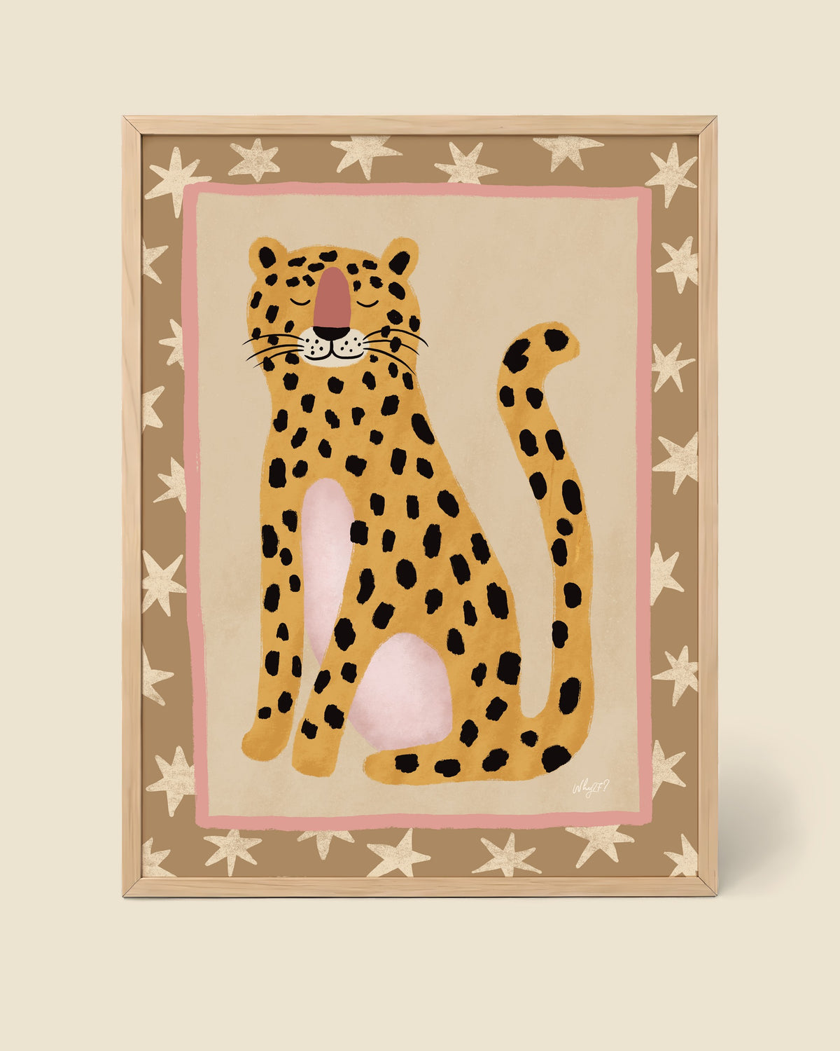 Playful Leopard Poster framed in a natural wood frame