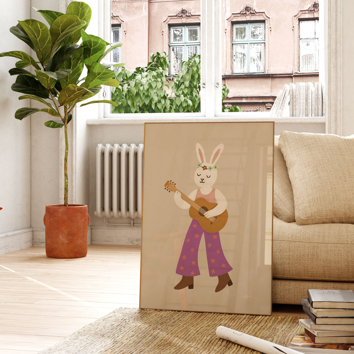 Hand-drawn musical bunny character playing a brown guitar in colourful seventies-inspired flared trousers.