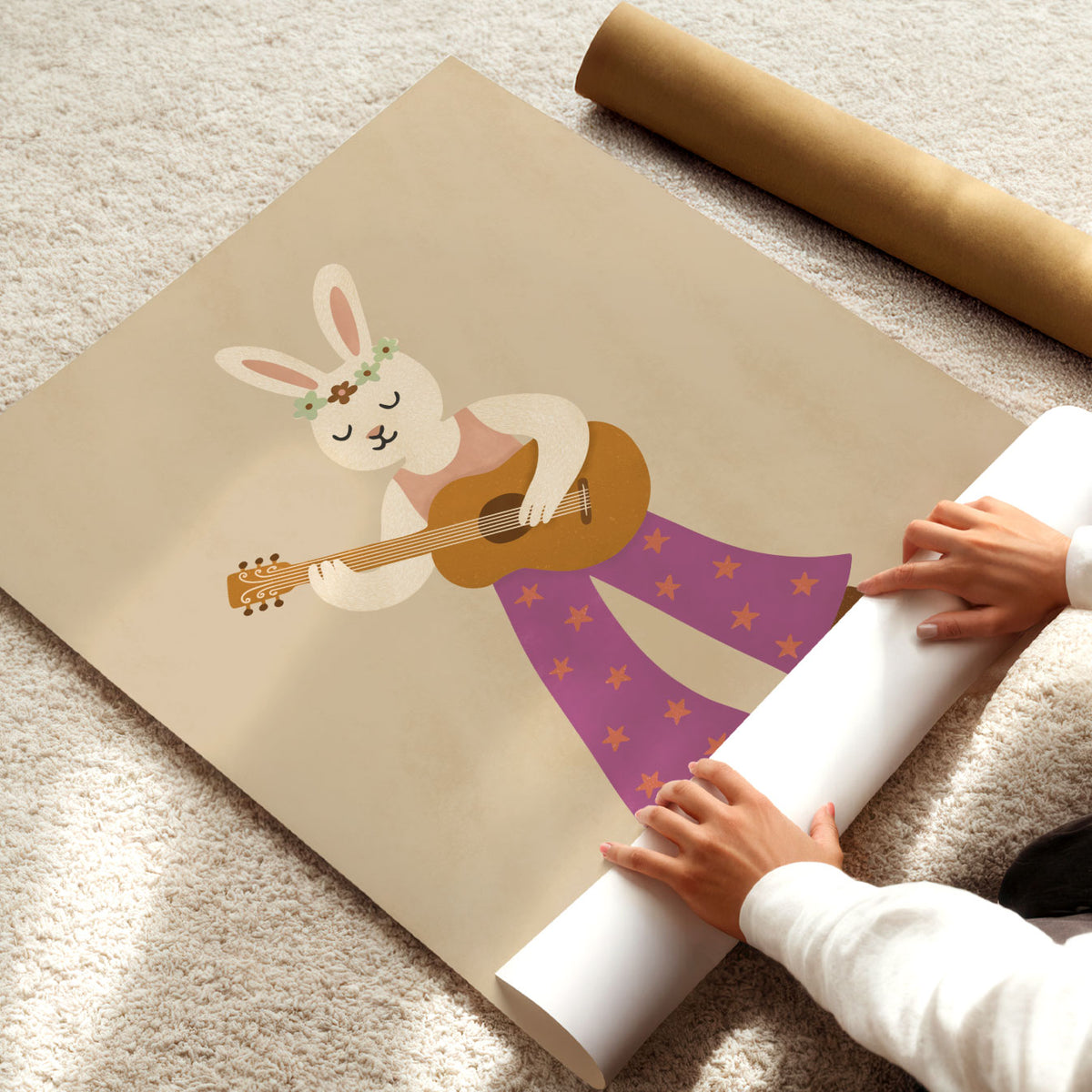Playful rabbit guitarist illustration with floral headband, acoustic guitar, starry purple trousers and cowboy boots.