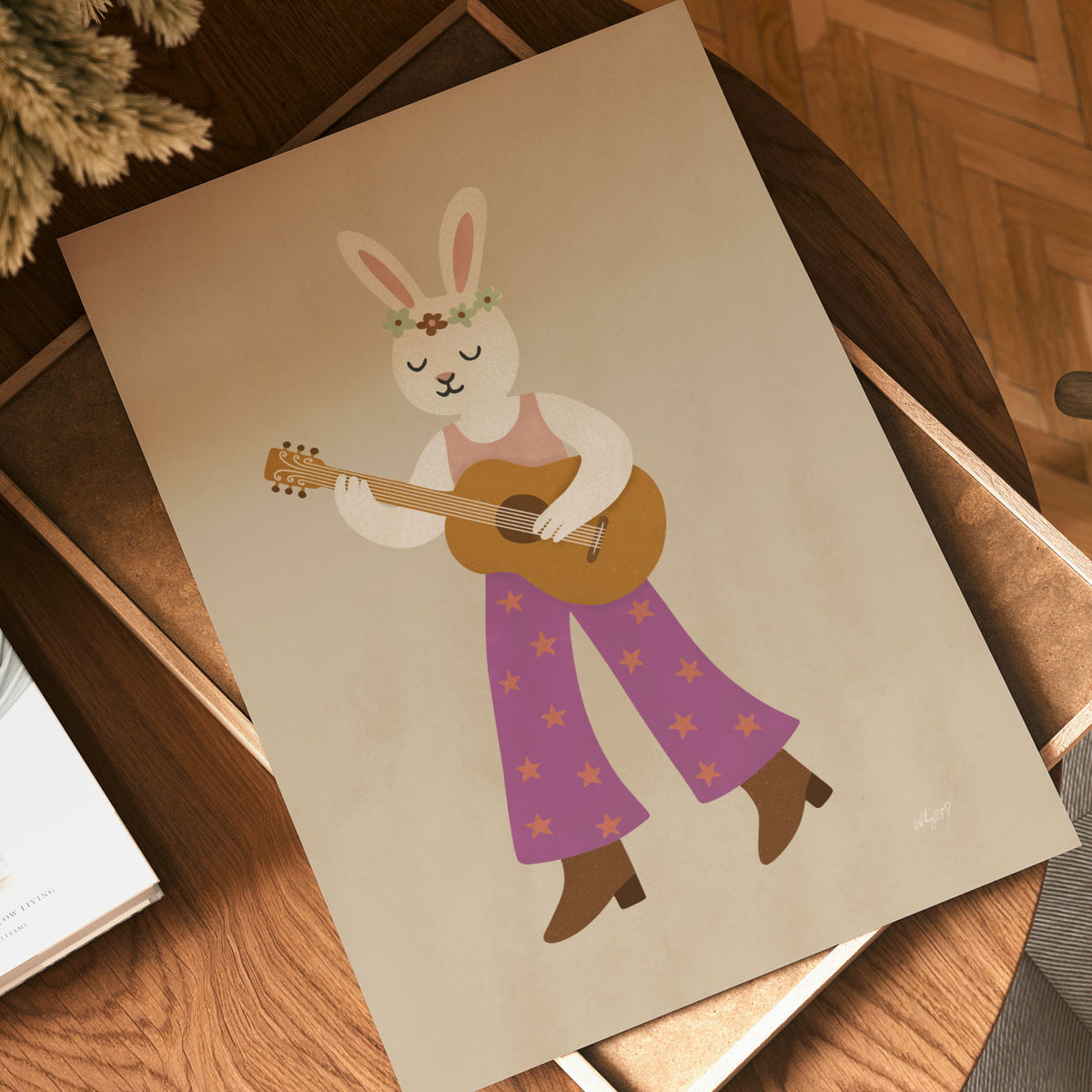 Whimsical bunny musician poster with acoustic guitar and purple star-print outfit for a kids bedroom or playroom.