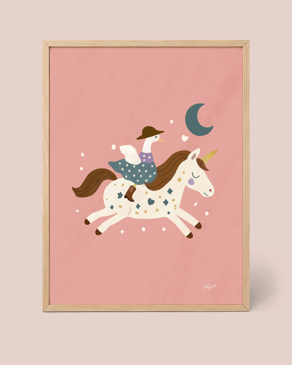 Unicorn With Flowers Poster framed in a natural wood frame