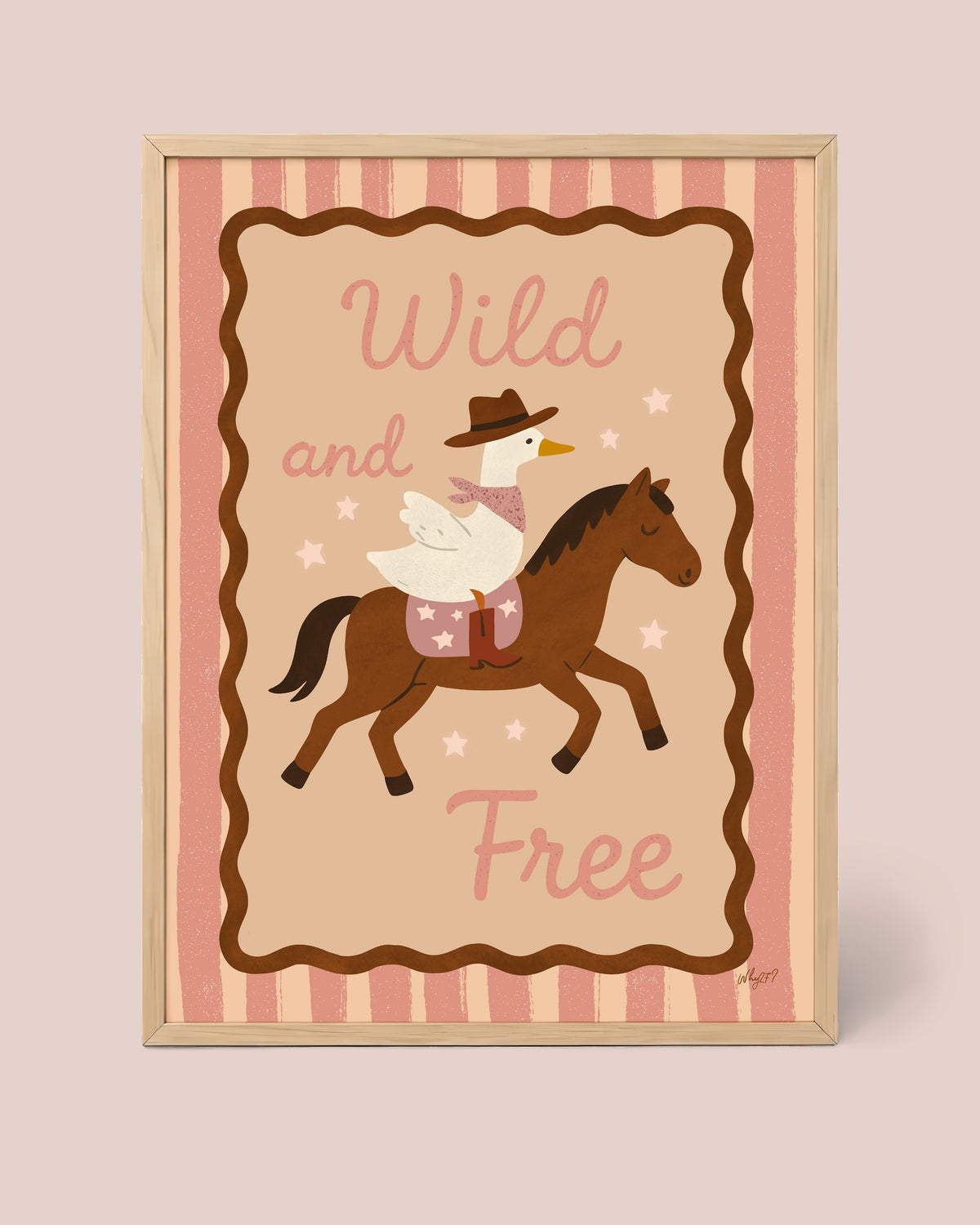Wild and Free Cowboy Goose Poster framed in a natural wood frame