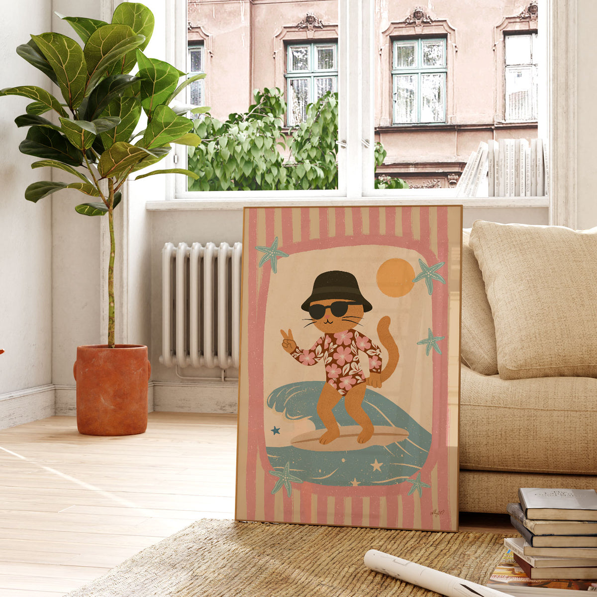 Surfer Kitty Cream Poster