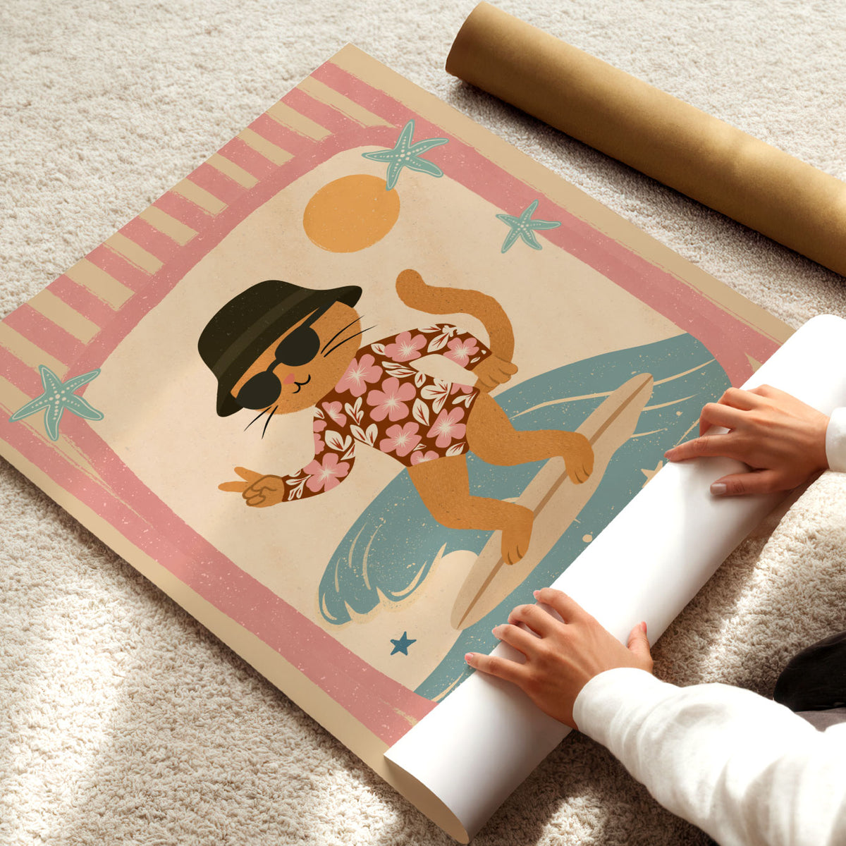 Surfer Kitty Cream Poster