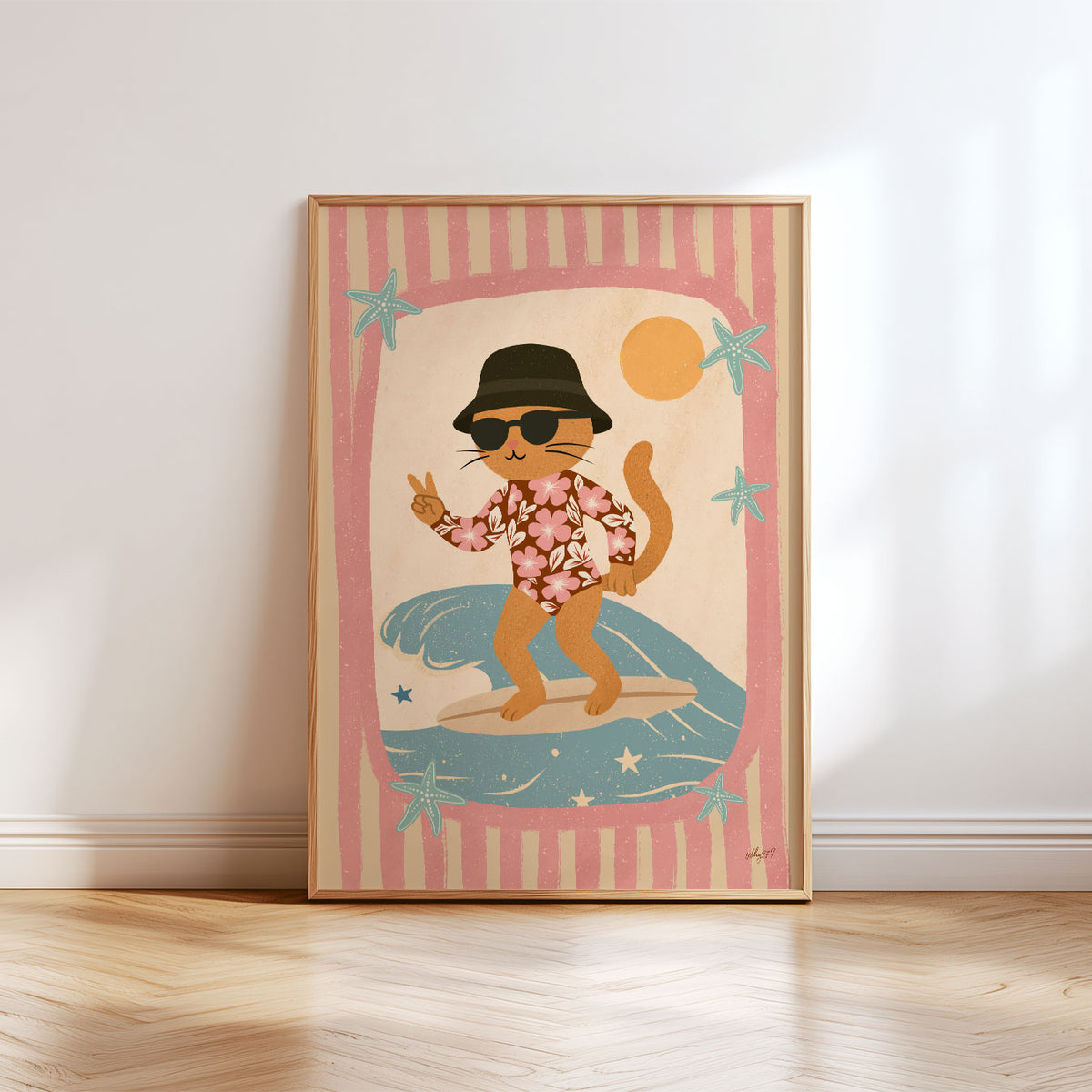 Surfer Kitty Cream Poster