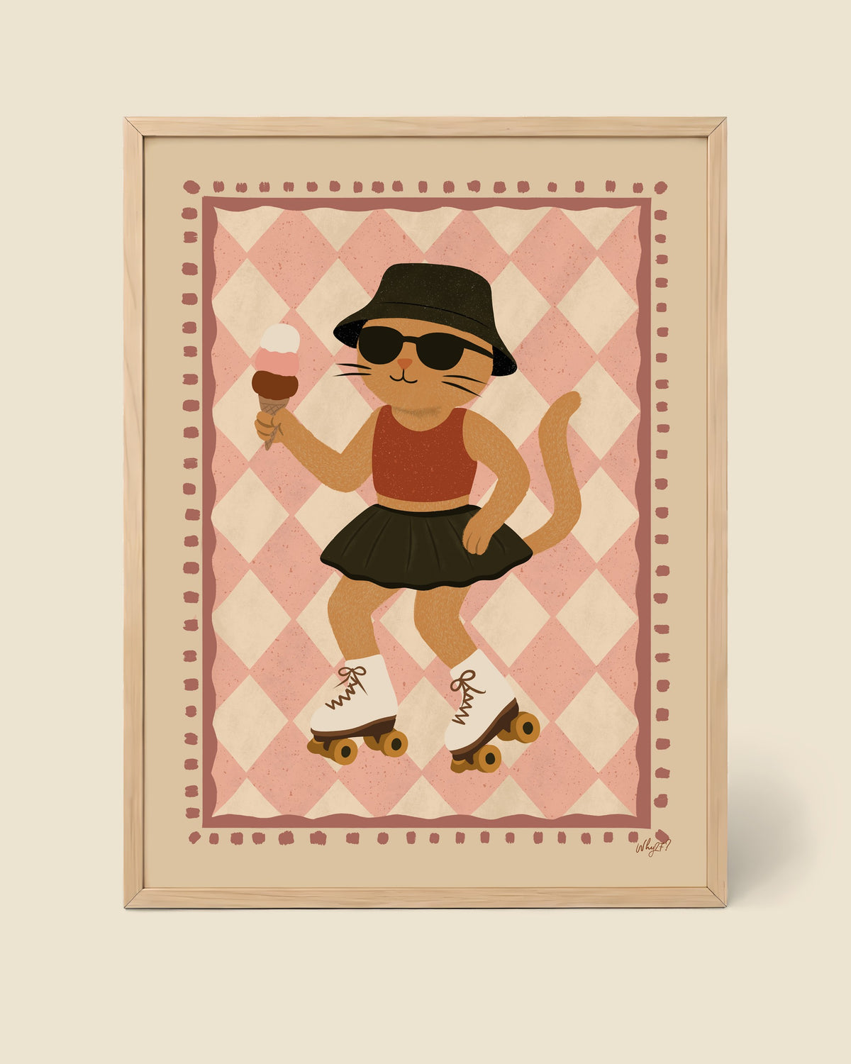 Roller Disco Cat Poster framed in a natural wood frame