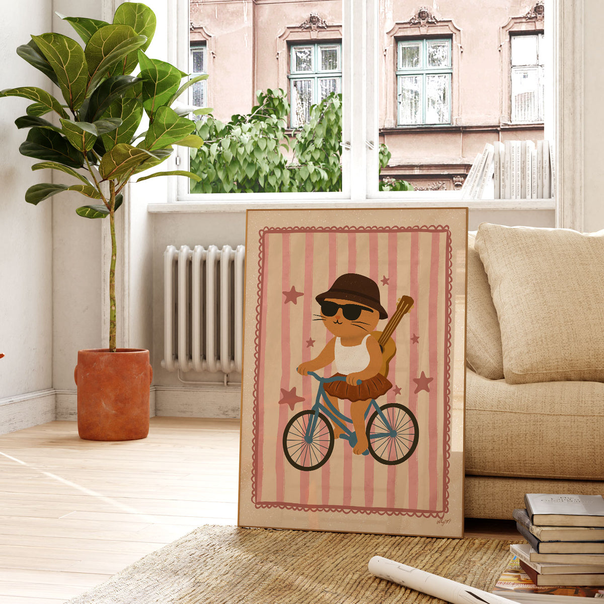 Kitty On A Bike Cream Poster