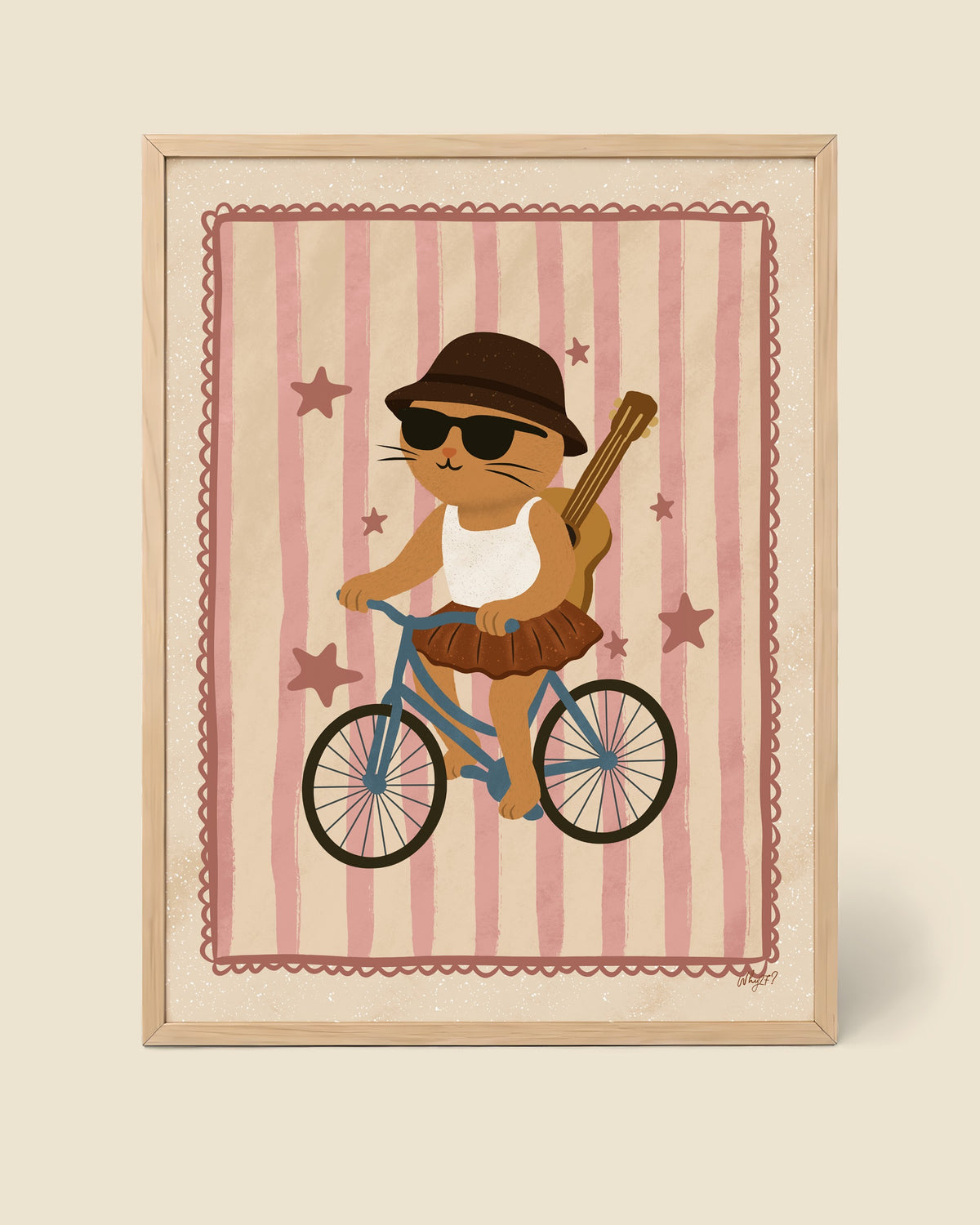 Kitty On A Bike Cream Poster framed in a natural wood frame