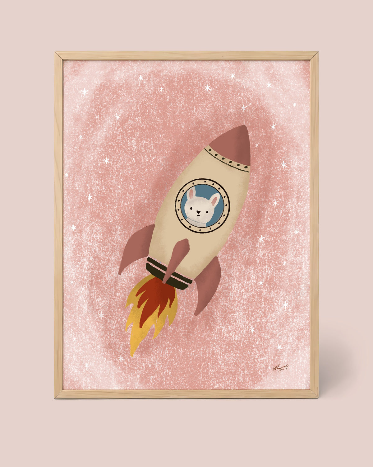 Space Bunny Rocket Poster framed in a natural wood frame