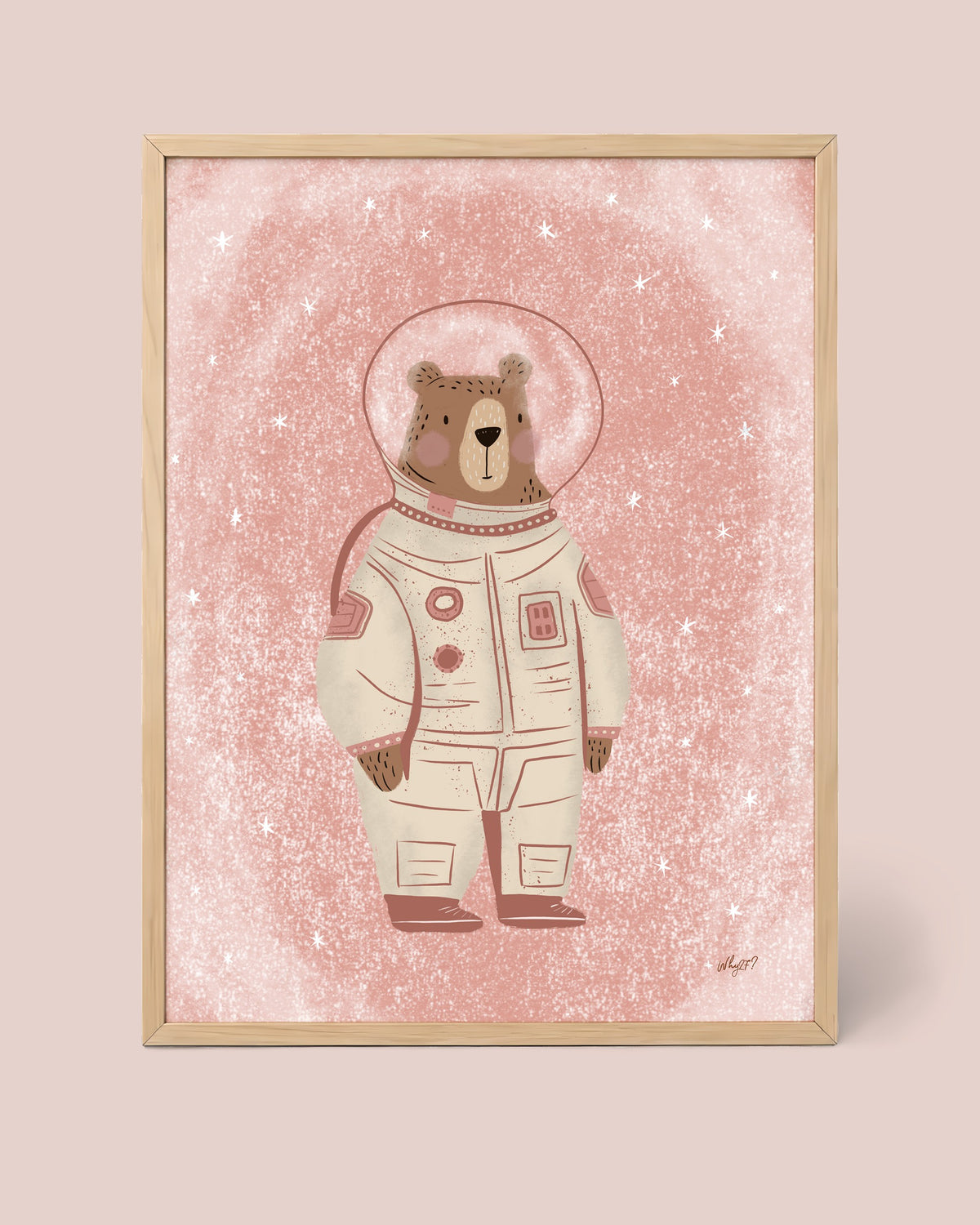 Little Astronaut Pink Poster framed in a natural wood frame